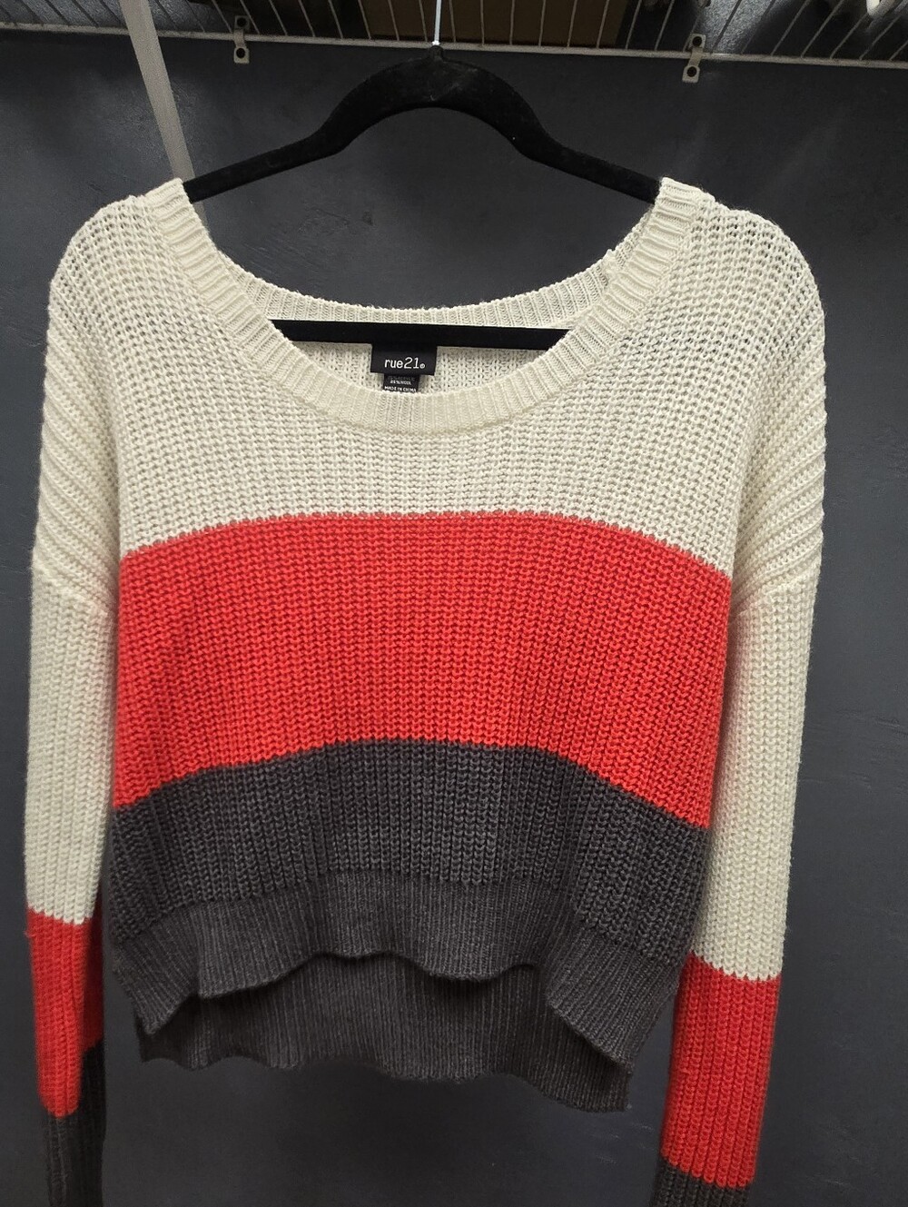rue21 Cream, Red & Gray Striped Crewneck Sweater